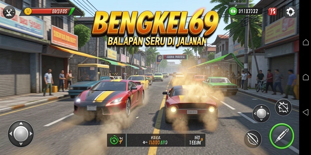 Screenshot gameplay BENGKEL69 menunjukkan aksi balapan yang seru.