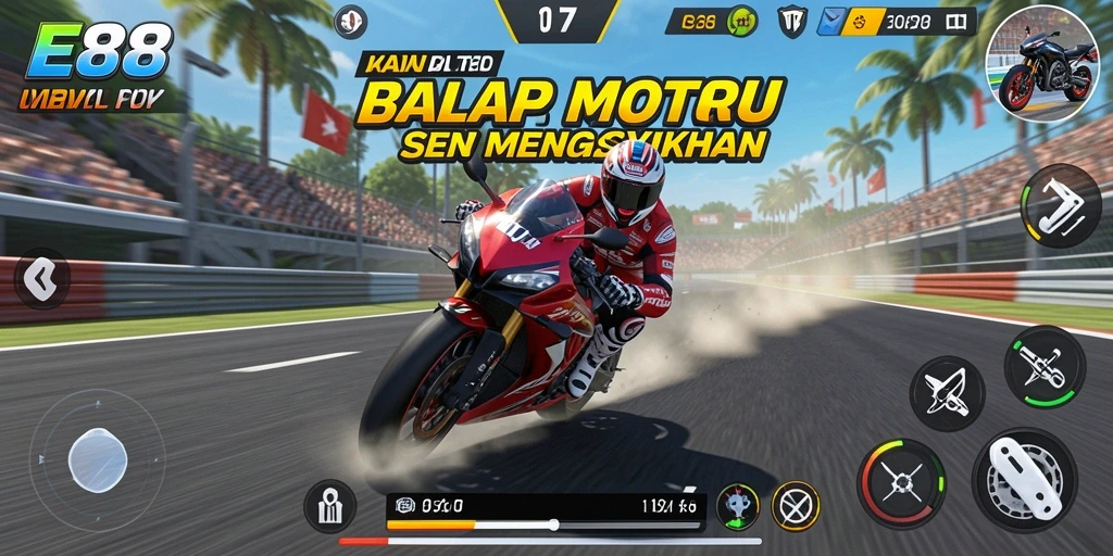 Tampilan menarik dari gameplay E88 yang penuh aksi balap motor.