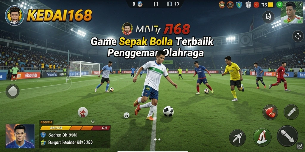 Screenshot utama KEDAI168 menampilkan pemain dalam aksi seru di lapangan.