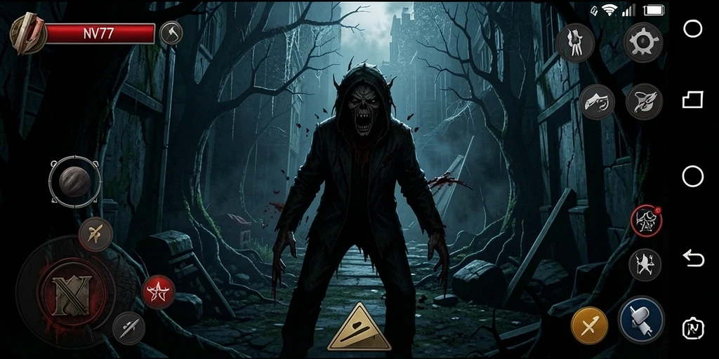 Screenshot gameplay NV77 menampilkan suasana horor yang mencekam.